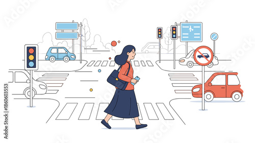 Asian female adult walking across city street intersection with traffic lights