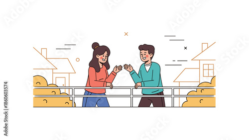 Young caucasian male and female neighbors smiling and chatting over backyard fence