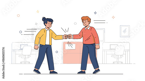 Young caucasian male and female colleagues fist bumping in office setting