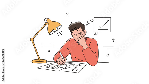 Young caucasian male thinking while drawing at desk with lamp and chart illustration