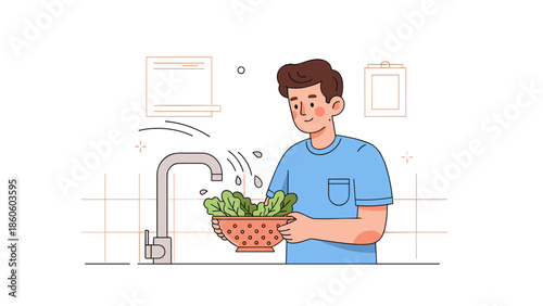 Young caucasian male washing lettuce in kitchen sink