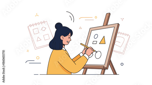 Asian female artist painting geometric shapes on canvas in studio setting