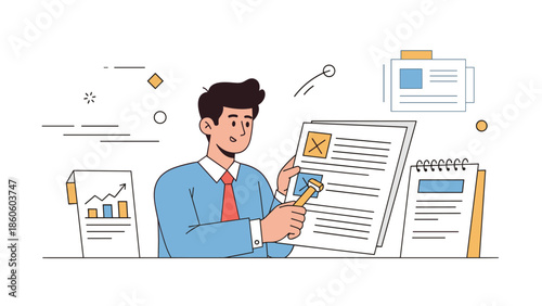 Young caucasian male reviewing documents in office setting cartoon style