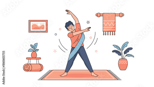 Young caucasian male practicing yoga indoors with decor and plants