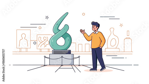 Young male admiring abstract sculpture in modern art gallery