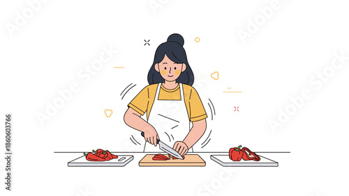 Asian female adult slicing bell pepper in kitchen