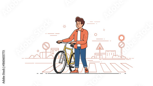 Young caucasian male walking bicycle at urban crosswalk illustration