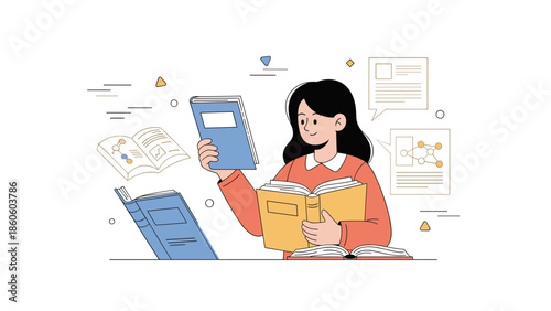 Young asian female student reading books and studying with charts and diagrams