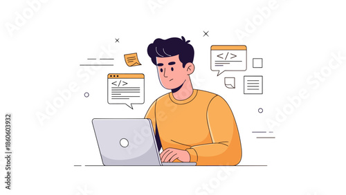 Young caucasian male coder using laptop in minimalist workspace