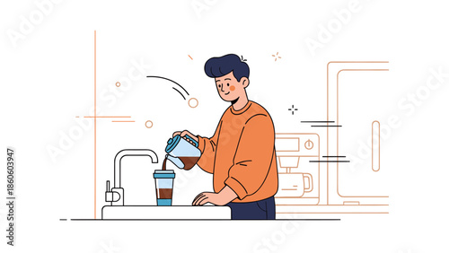 Young male preparing coffee in modern kitchen with coffee maker