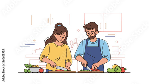 Caucasian young male and female cooking together in kitchen