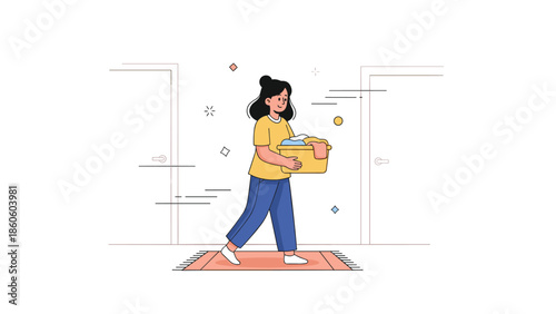 Young hispanic female carrying laundry basket in minimalist room