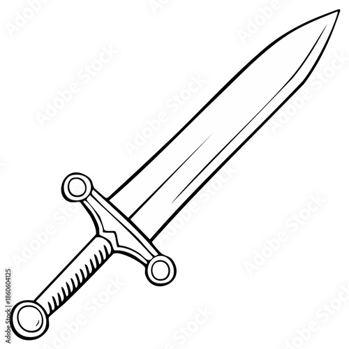 Simple black and white line drawing illustration of a cartoon style medieval sword