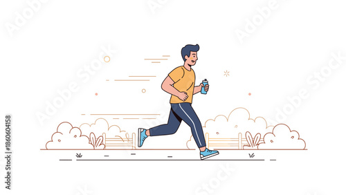 Young caucasian male jogging outdoors with water bottle in hand, fitness and health concept