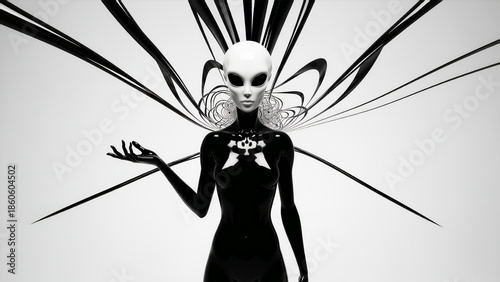 Futuristic alien figure with abstract lines black and white minimal party flyer background