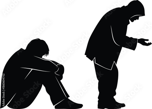 Two silhouetted figures depict sadness and despair one reaching out for help