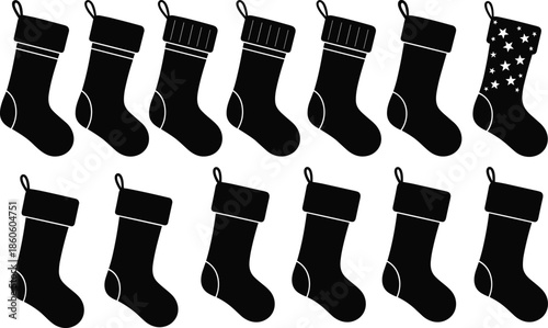 Christmas stocking silhouette collection showing festive holiday socks hanging decorations isolated black vector illustration set for winter celebration design