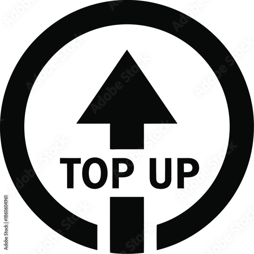 Black and white symbol featuring an upward arrow and the text top up