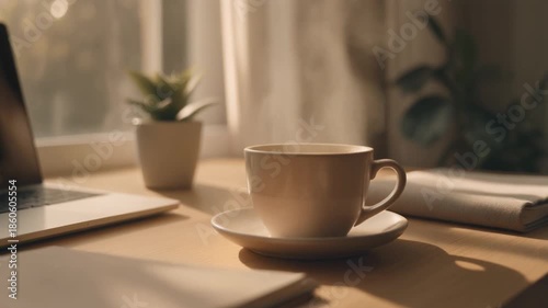 Steaming coffee cup on a sunlit wooden desk, creating a cozy and productive work-from-home atmosphere for a peaceful morning