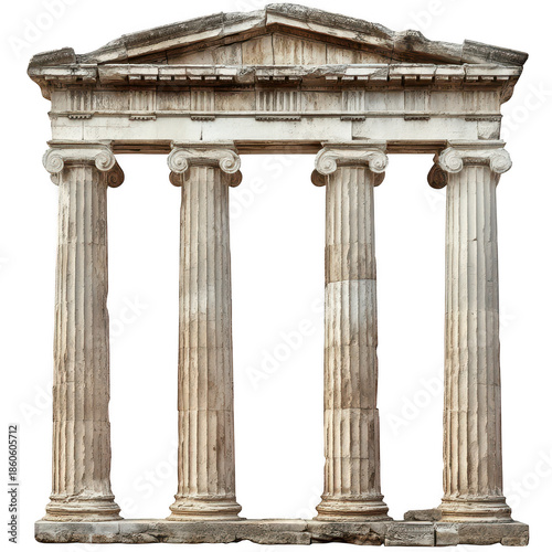 Ancient Greek temple structure featuring tall. fluted columns and a triangular pediment. set against a clear sky. symbolizing classical architecture and historical significance