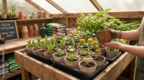 Woman holding a flower seedling in a greenhouse with potted plants  