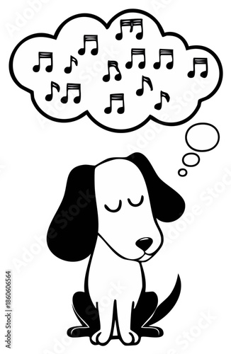 Dreaming dog with musical notes, line art illustration of canine thoughts and music idea