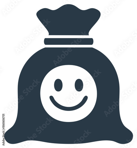 Smiley face bag icon, good fortune and positive emotions symbol.