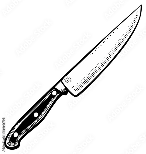 A finely detailed illustration of a sharp chef's knife with a black handle ready for culinary preparation
