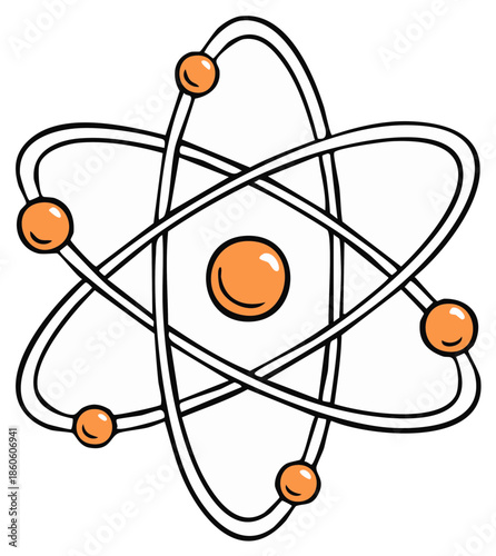Atom Model Structure with Electrons Orbiting Nucleus Cartoon Style