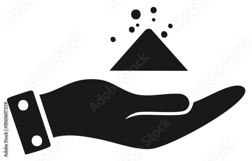Hand holding heap symbol minimal graphic art simple clean design concept flat design style with falling granules
