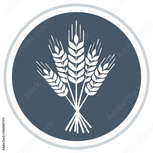 Stylized white wheat sheaf emblem symbol on a blue-gray background evokes themes of harvest, agriculture, and grain production.