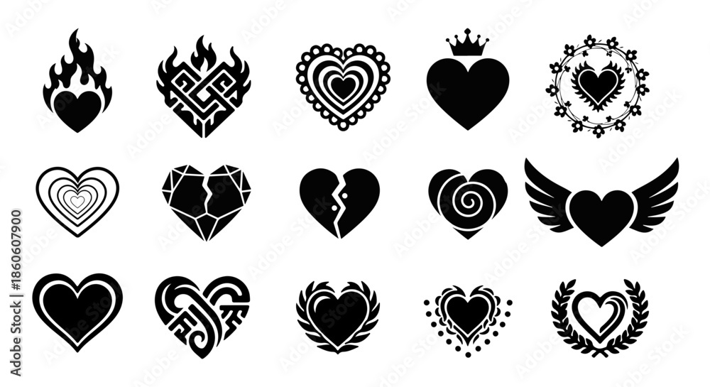 Εκτύπωση καμβά Diverse collection of black heart vector icons, perfect for love and romance concepts