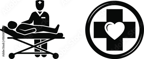 Medical assistance and healthcare symbols patient on stretcher and medical cross icon