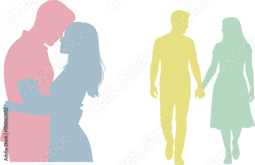 Silhouettes of couples embracing and walking depicted in pastel colors