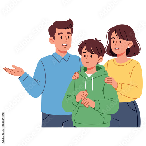 Supportive conversation: happy parents comforting concerned child