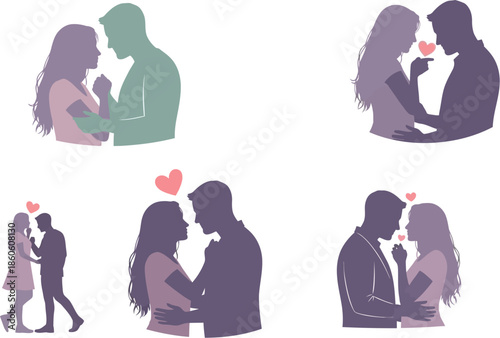 Silhouettes of couples in love embracing and sharing tender moments together