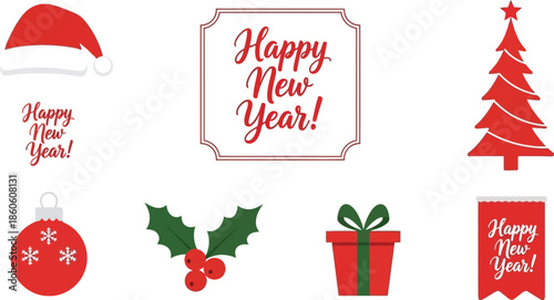 Festive christmas and new year elements including santa hat and tree