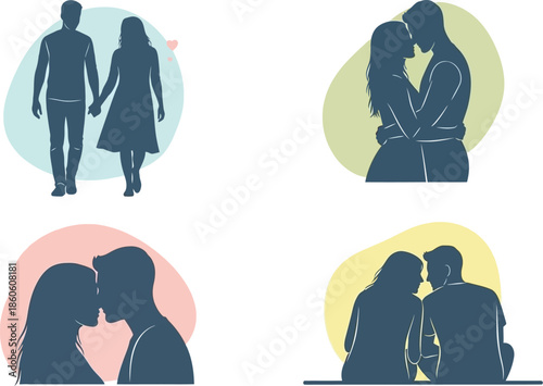 Silhouettes of couples in love a series of romantic moments depicted