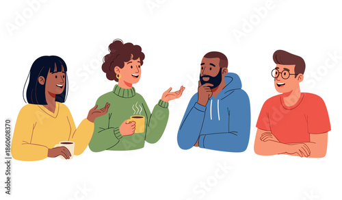 Diverse group of adults engaging in conversation with coffee