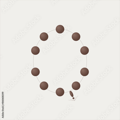 Simple brown rosary prayer beads circle arrangement on light background