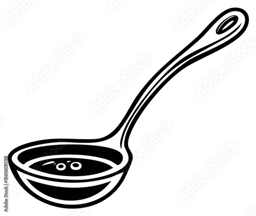 Black and white illustration of a ladle with soup or broth.