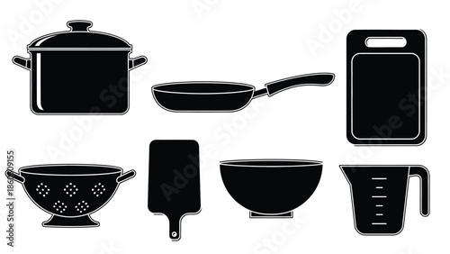 Black silhouette icons depicting various kitchen cookware and utensils