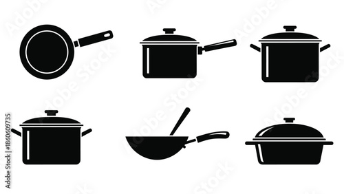 Black and white illustration of various cooking pots and kitchen utensils