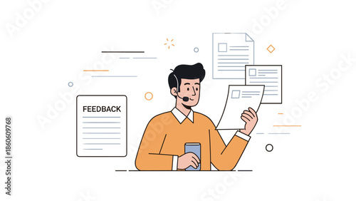 Young caucasian male customer support representative reviewing documents