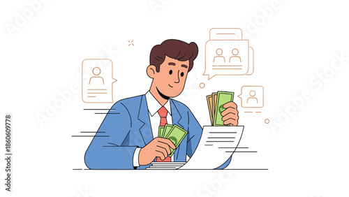 Young caucasian male cartoon counting money at desk