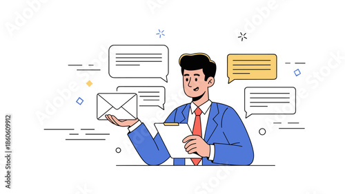 Young caucasian male office worker discussing emails with speech bubbles