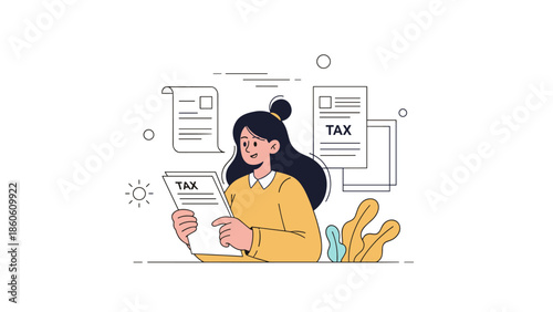 Asian female taxpayer analyzing documents with a smile