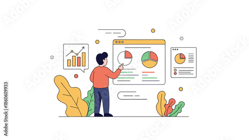 Young caucasian male analyzing data on interactive dashboard with charts and graphs