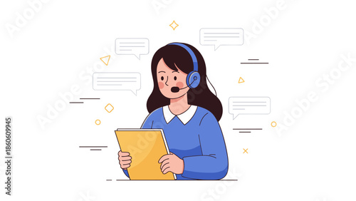 Young caucasian female customer service representative with headset and file