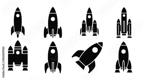 A collection of black silhouette rocket ship icons in varying designs